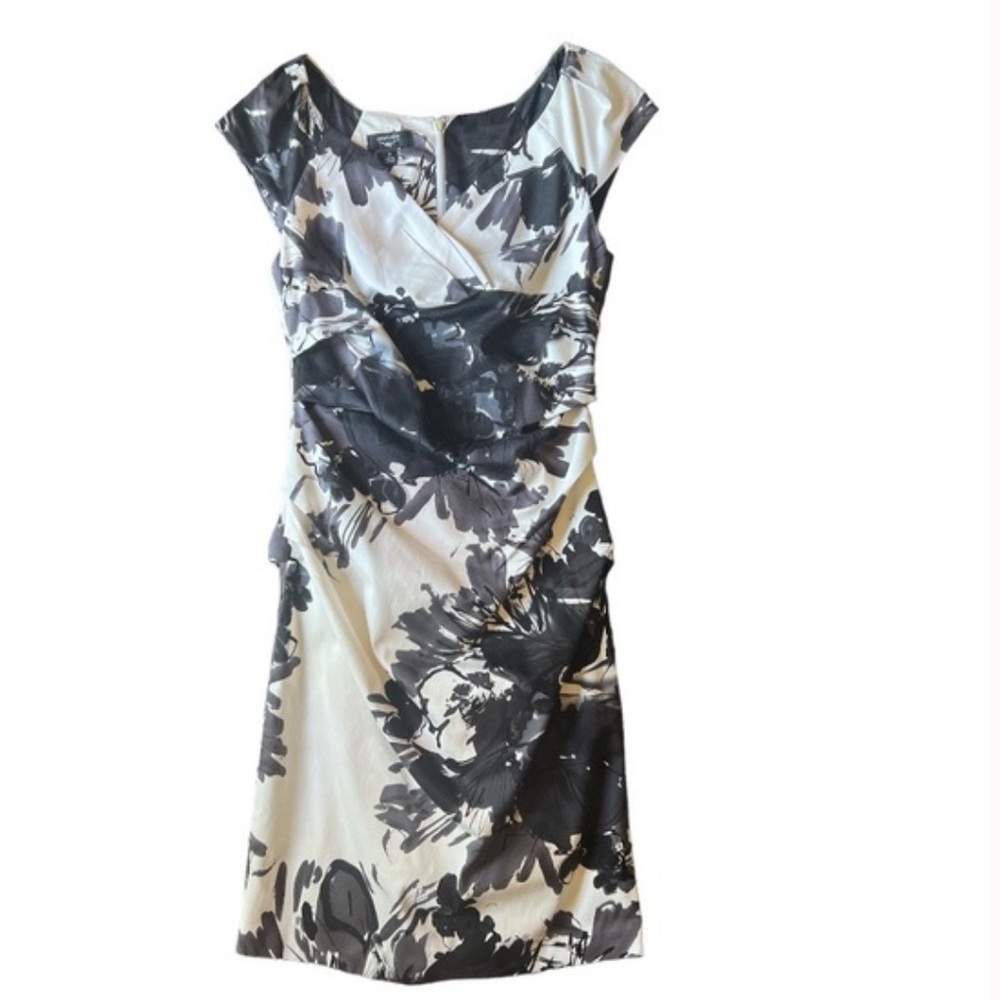 Suzi Chin Maggy Boutique Black/Grey/White Floral Abstract Sheath Dress 8 EUC